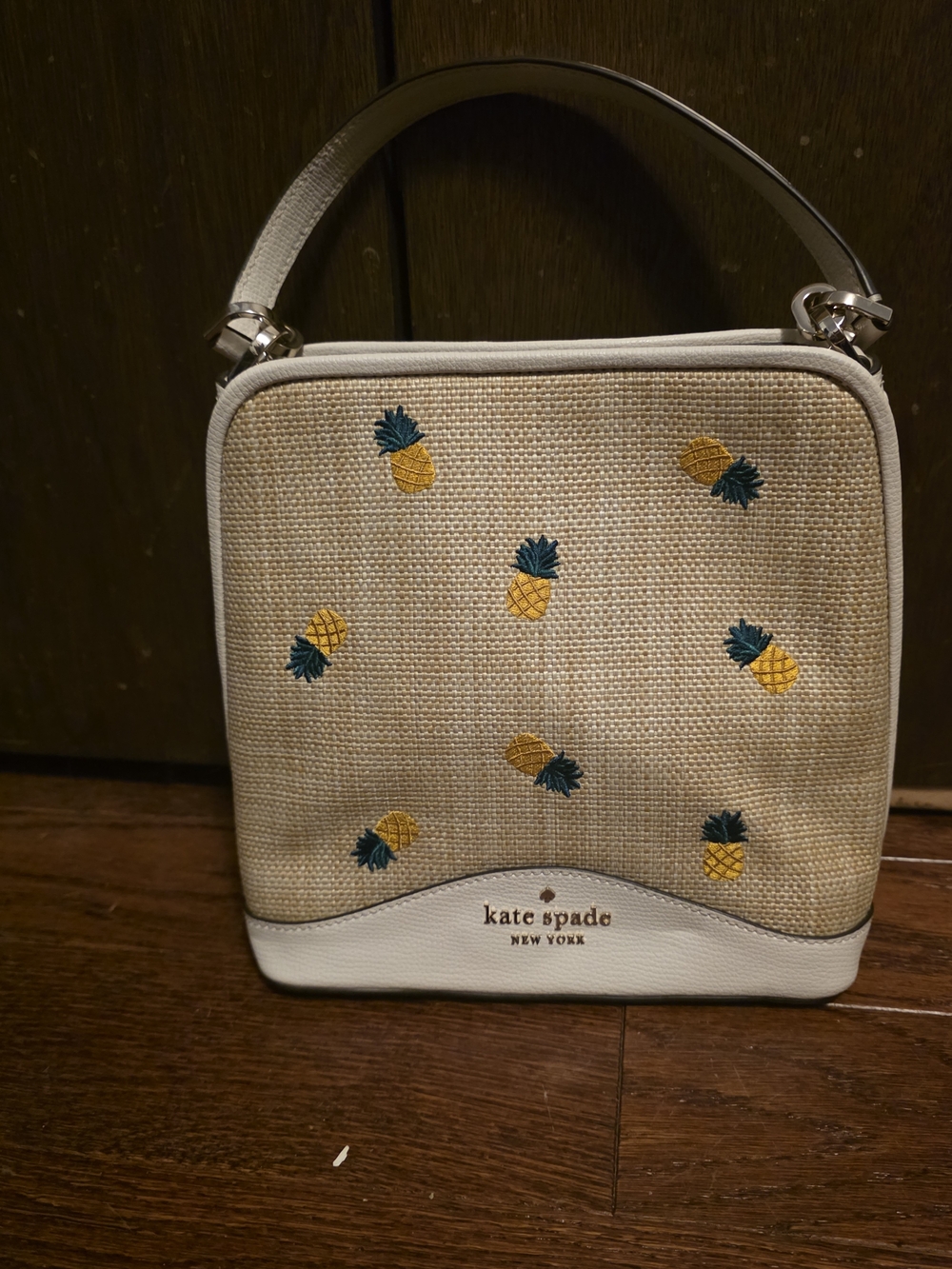 kate spade White Straw Mini Top-Handle Bag with Yellow Pineapple Embroidery